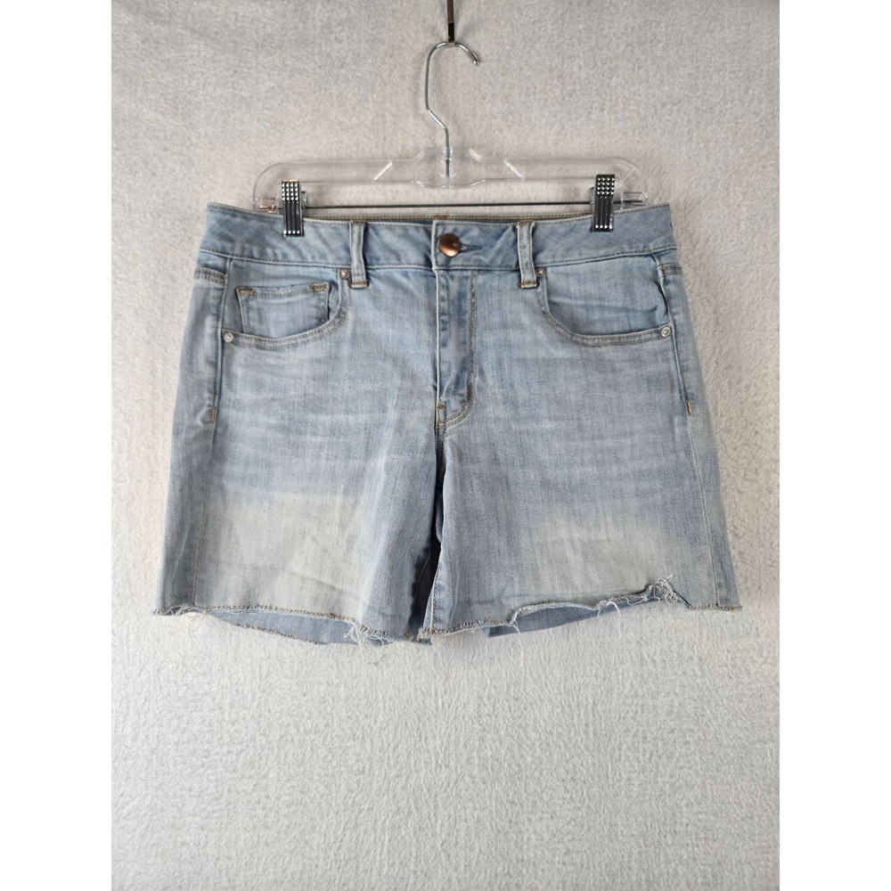 American Eagle Womens Jean Shorts Midi Size 12 Super Stretch Raw Hem Blue